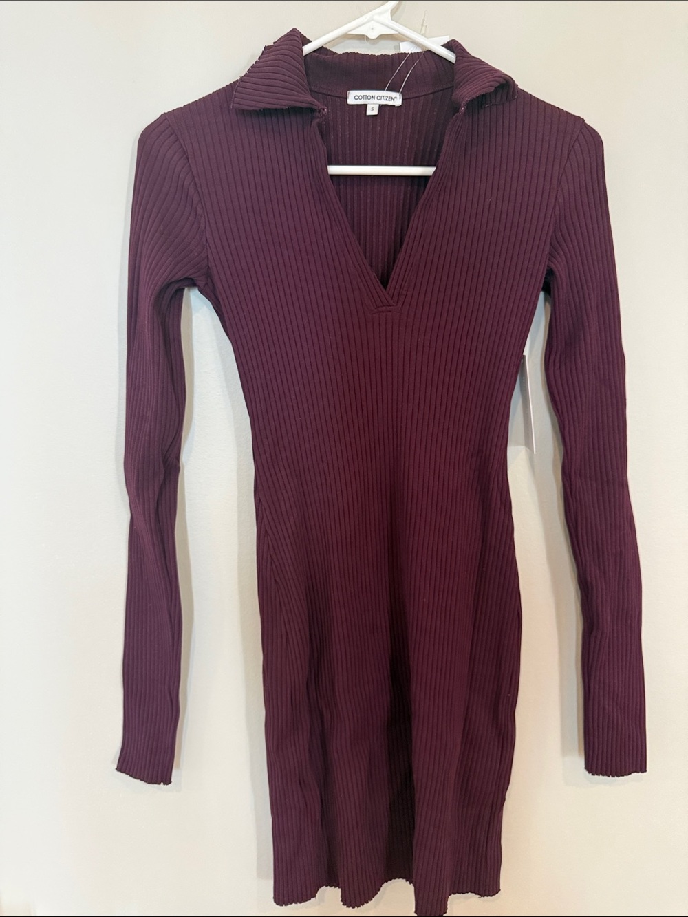 Cotton Citizen Ribbed Long Sleeve V-Neck Dress in Plum